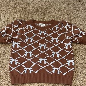 &merci Brown Knit Sweater with White Bow Pattern Small